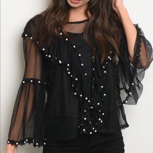 New Black Mesh Faux Adorned Tunic Top